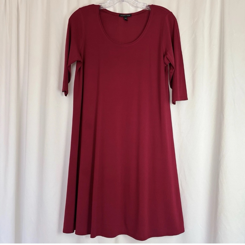 EILEEN FISHER Scoop Neck Tunic Silk Mini Dress Raspberry Red ... .... M